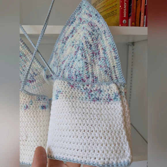 Handmade Crocheted Bralette Tank Top Cropped Blue White Speckle Sz Medium - Picture 7 of 10